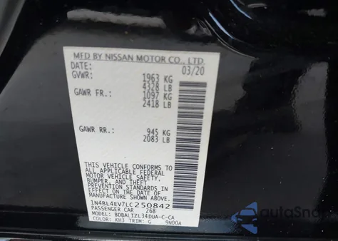 2020 Nissan Altima Sl Fwd from USA, damaged, VIN 1N4BL4EV7LC250842